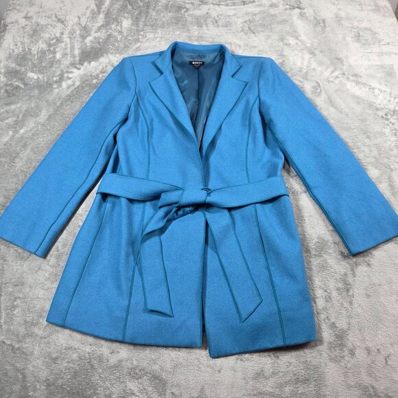 Worth New York Coat Womens S Turquoise Blue Wool Blend Belted Trench Preppy - Picture 1 of 10